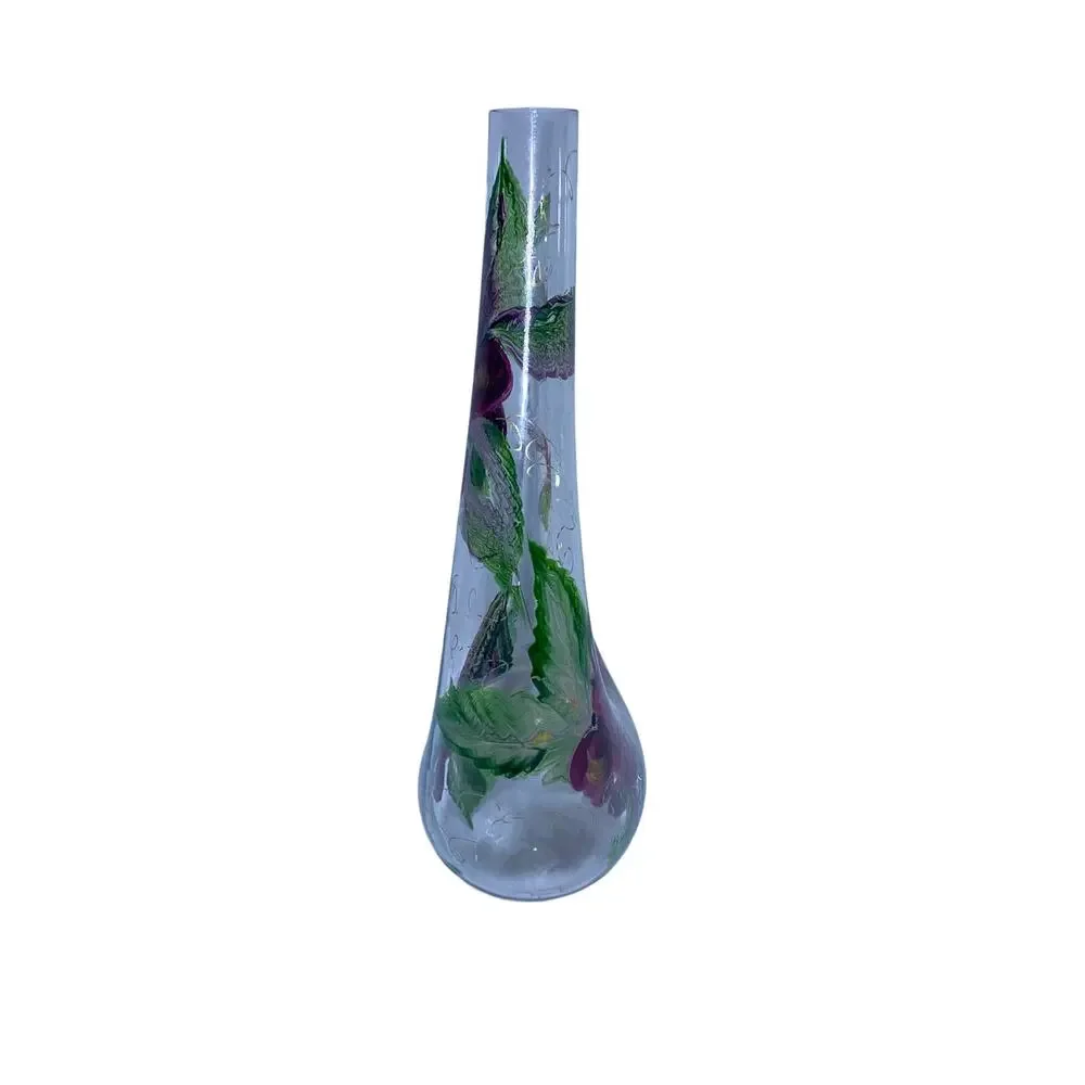 Hand Painted Floral Wine Decanter by NEX Glass Artist Signed 13 Inch Tall
